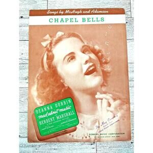 1938 Curly Hair Girl Smiling Singing CHAPEL BELLS Vintage Sheet Music Wall Art‎